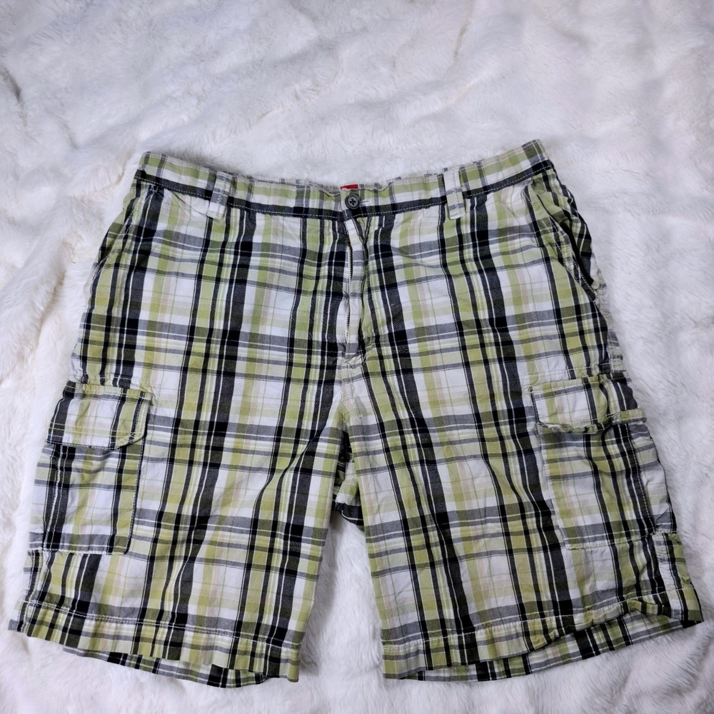 IZOD Cargo Shorts Mens 38 Green Plaid Good Cotton Utility Pockets
